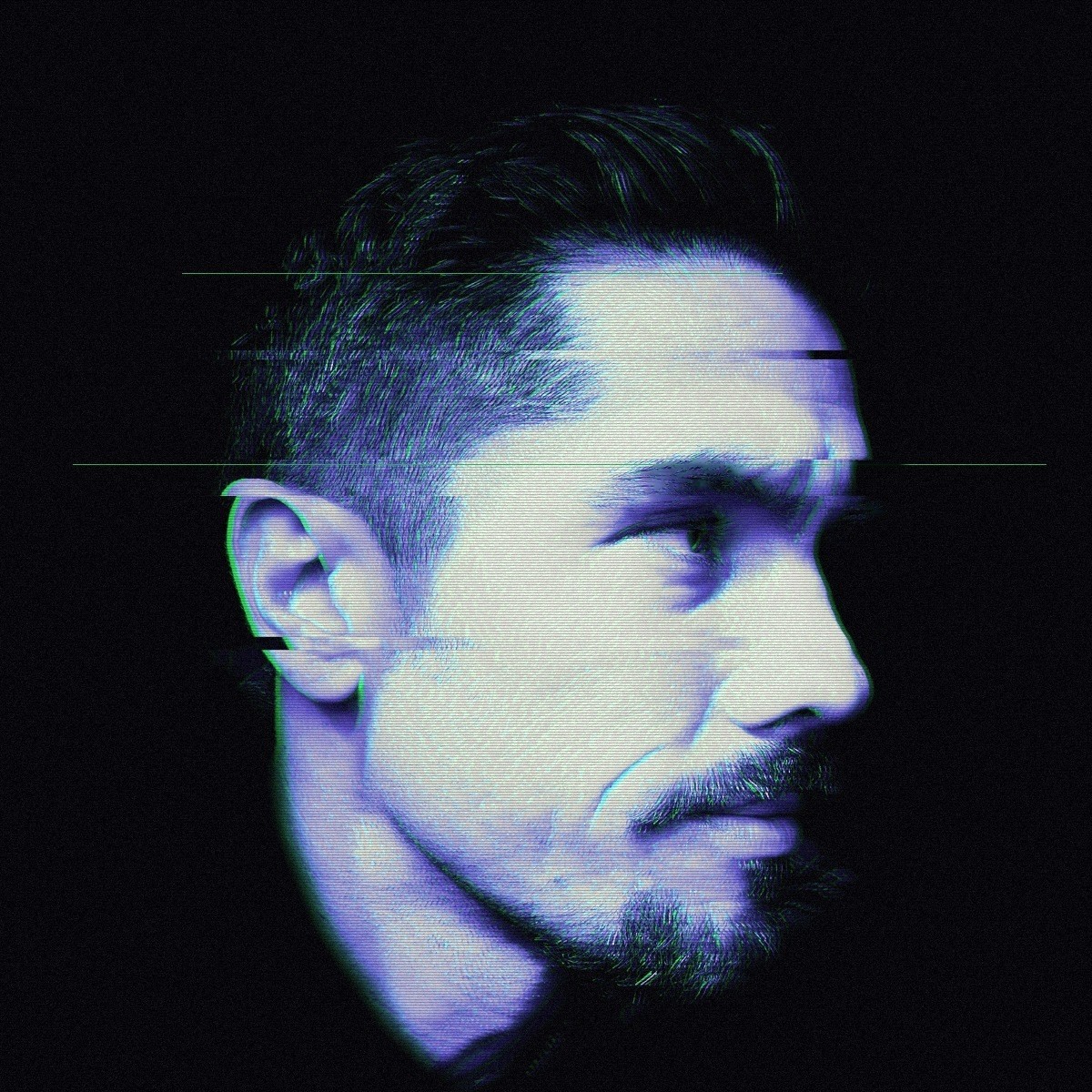 Edward Ecker in profile, an ultraviolet portrait with a green signal-tear glitch